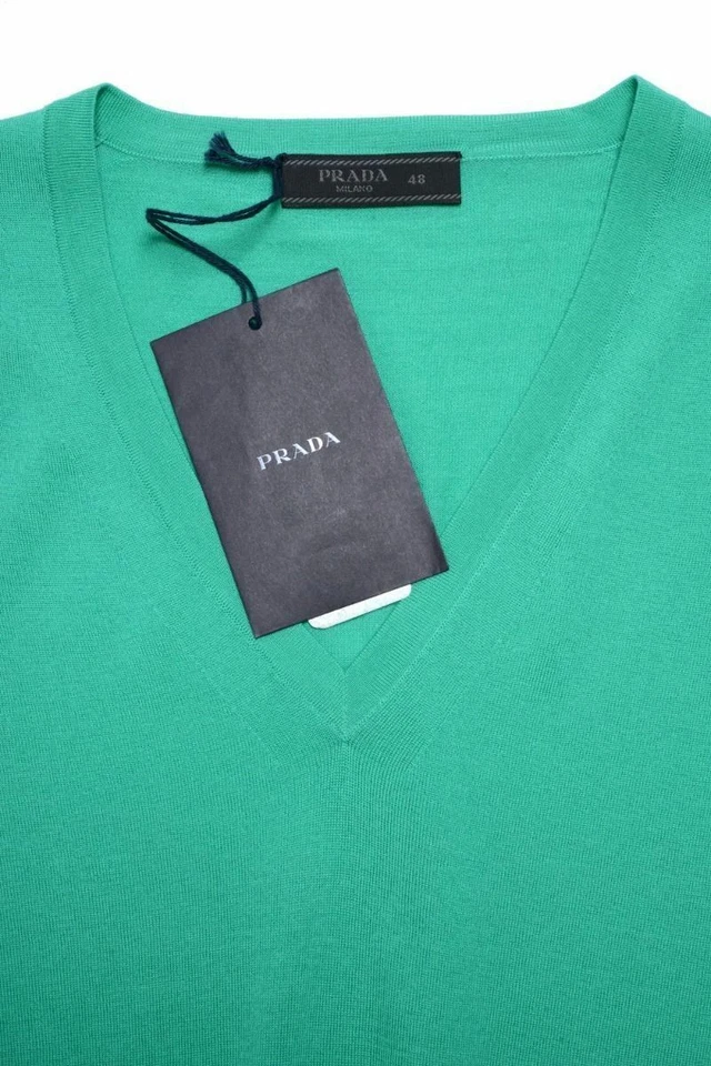 Suéter Pullover Prada Para Hombre 100% Lana Verde Claro Cuello en V Talla XS S M L Foto 4 de 4