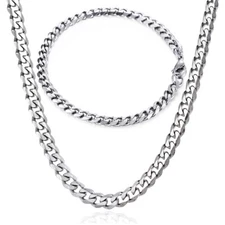 5mm Stainless Steel Bracelet & Necklace Jewelry Set Cuban Curb Chain
