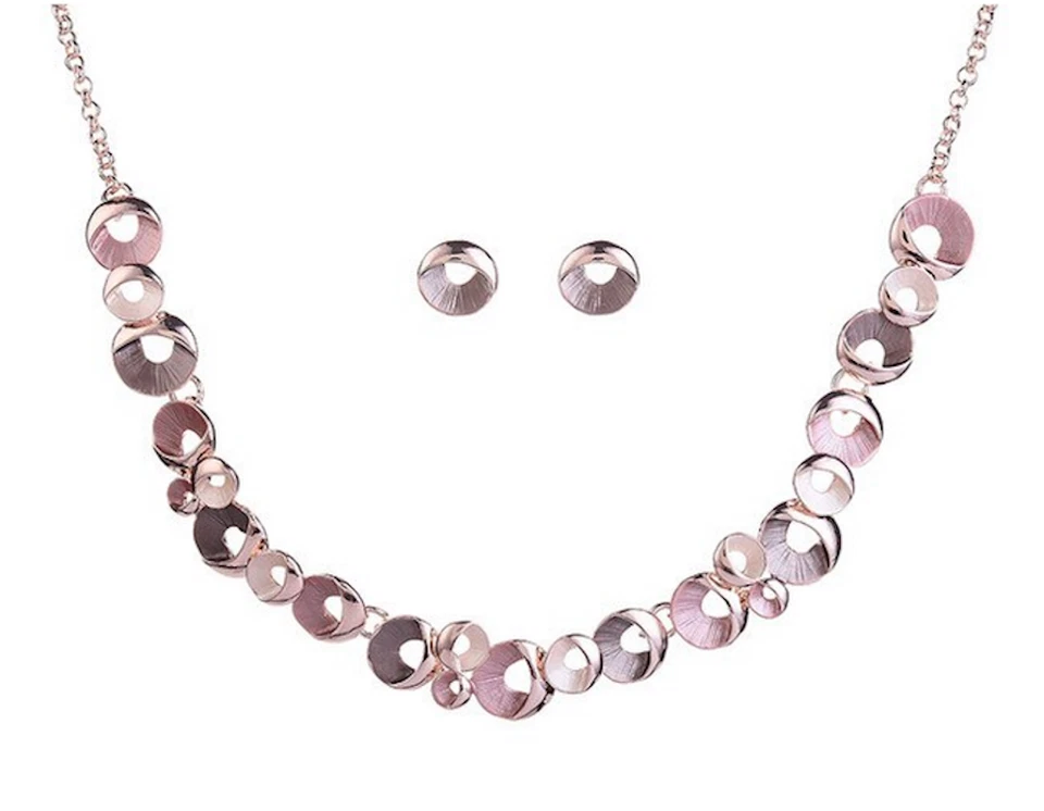 SCHMUCKSET DAMEN ROSE HALSKETTE COLLIER OHRRINGE VERGOLDET ROSA BRAUN BRONZE - Bild 1 von 1
