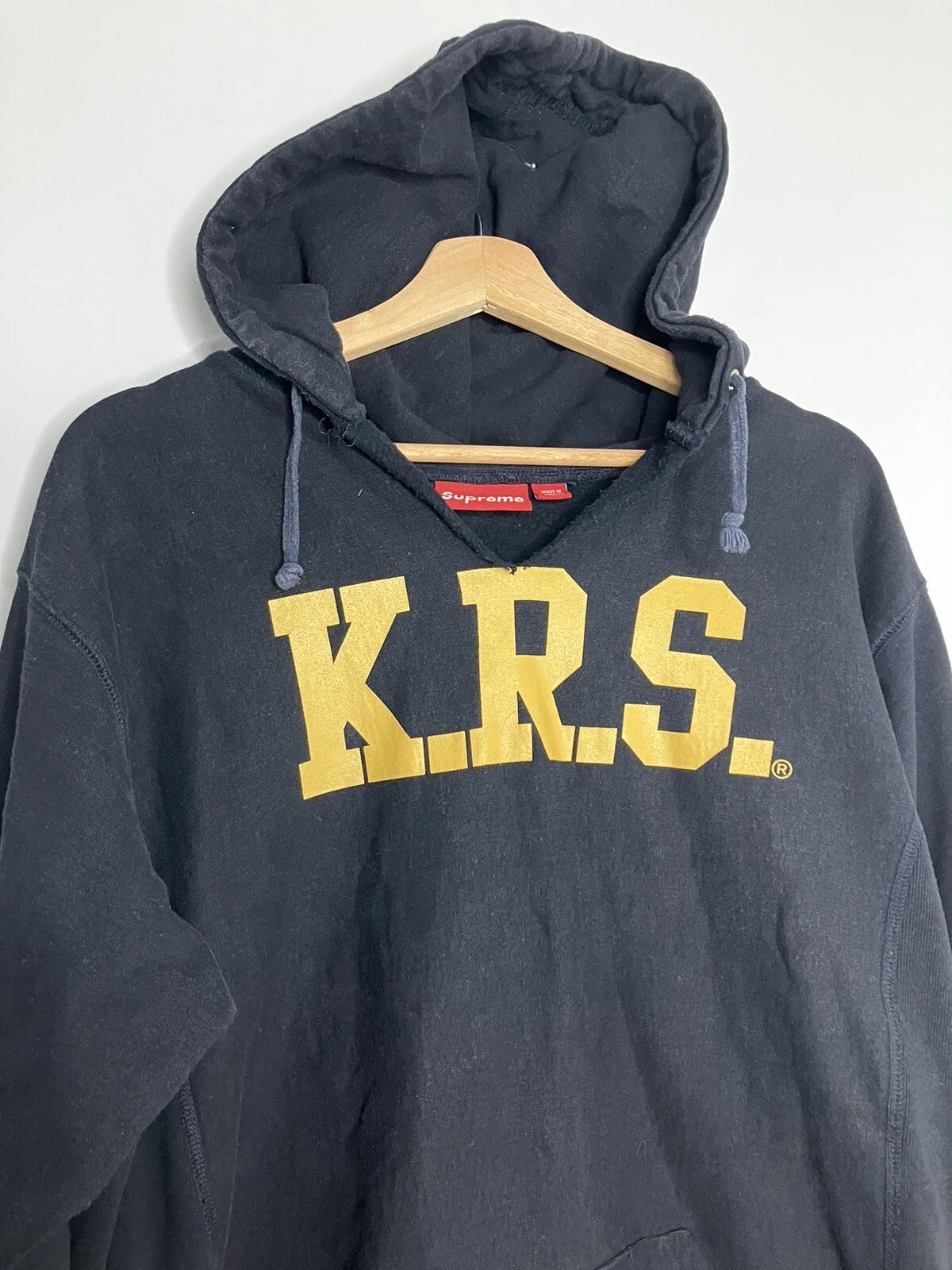 Felpa con cappuccio uomo Supreme KRS ""Knowledge Reigns Supreme"" grande navy rara vintage