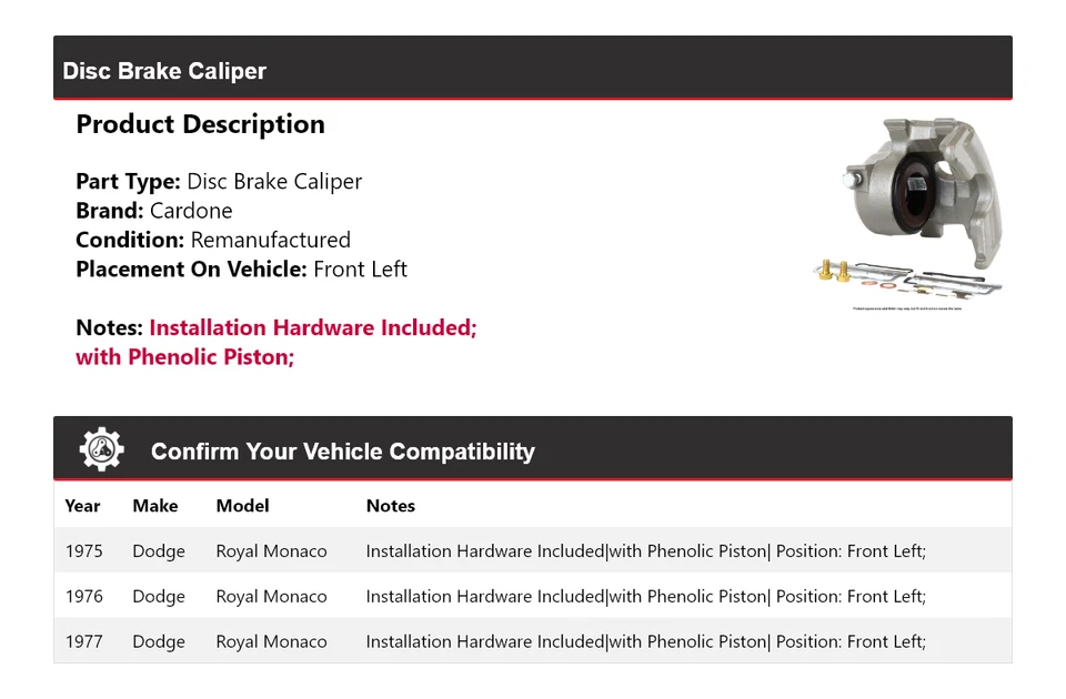 Pinza de freno de disco delantera izquierda cardone 1976 para Dodge Royal Monaco 1975-1977 Foto 2 de 4