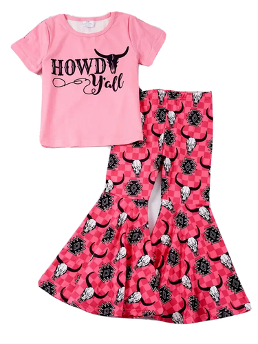 New Girls Pants Set Bell Bottom Size 6 Short Sleeve Pink Western Howdy
