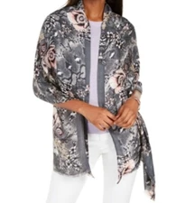 INC Rectangular Pashmina Scarf Reptilian Garden Gray Pink Floral Animal Print