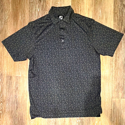 FootJoy Men's Golf Polo Shirt S Black Floral Moisture Wicking Stretch