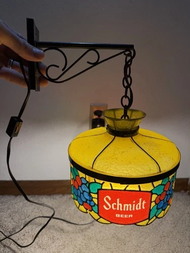 Schmidt Beer Hanging Lighted Faux Stained Glass Sign Vintage