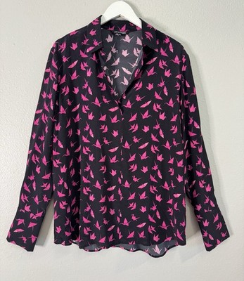 Catherine Gee 2XL Silk Blouse Pink Crane Print French Cuff Daria Luxe Chic