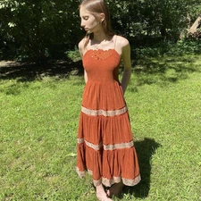 1970s Young Edwardian Burnt Orange Summer Prairie Dress 