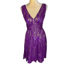 Trina Turk Purple Gold Metallic Sheen V Neck Ruched Waist Fit Flare Dress Size 4