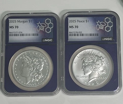 2025 Morgan & Peace Silver Dollar Set NGC MS70 Trader Bea Purple Core & Label