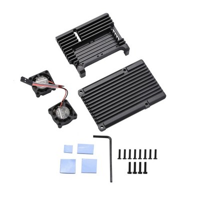 Metal Black Case Shell Box W/ Dual Fan Heatsink For Raspberry Pi 4 Model B 4B]