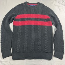 Nautica Men  s Cable Knit Sweater Large Black Red Stripe Crewneck