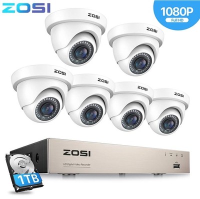 ZOSI 8CH 1080P Außen Überwachungskamera Set 6x2MP Dome Kamera H.265+1TB CCTV DVR