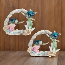 2-PC Gift Set 9"W Blue Sea Turtle Couple Swimming Around Coral Figurine Ornament