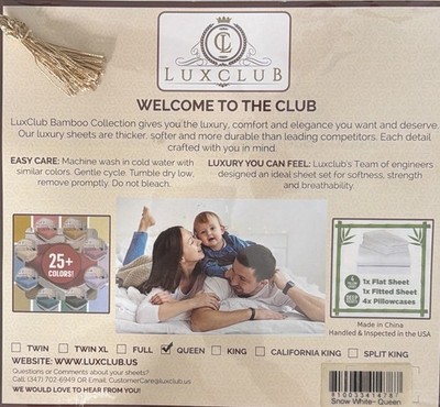 Lux Club 6 Piece Queen Size Sheet Set  Eco Friendly Bamboo - Snow White Color