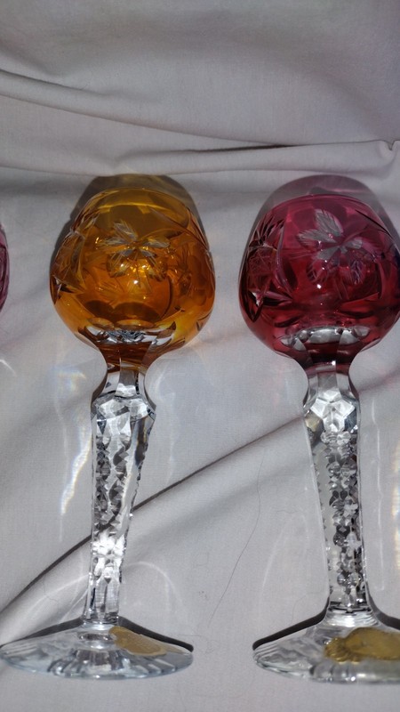5 Imperlux Cut Crystal To Clear Cordial Glasses. Different Colors.