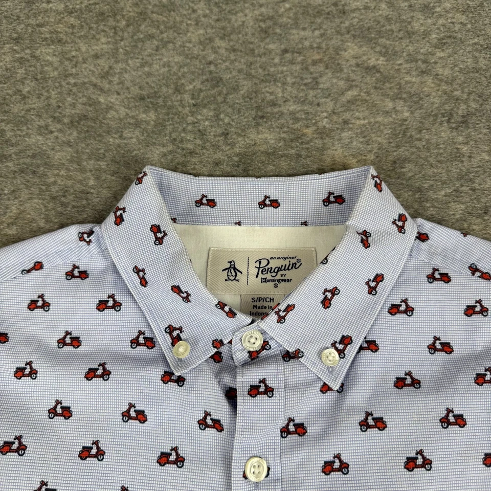 Camisa con botones Penguin manga larga scooter estampado azul para hombre pequeña S Foto 4 de 4