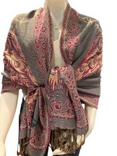 Gray Floral Peacock Reversible Shimmer Pashmina Shawl Pre-Owned Excellent