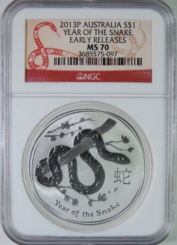 2013 P Australia Lunar Year of the Snake 1oz .999 Silver $1 Coin NGC MS70 ER