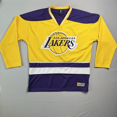UNK NBA LA Lakers Hockey Jersey Mens Large Yellow Purple Big Logo Long Sleeve