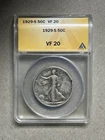 1929 S ANACS VF20 Walking Liberty 50c 90% silver