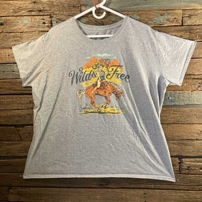 Northern Outpost Women s XXXL Wild & Free Cowgirl Short Sleeve Gray T-SHIRT