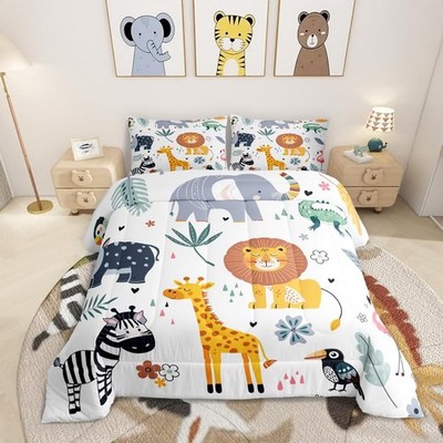 Kids Zoo Animal Comforter Set Toddler Size Cute Wild Animals Bedding Set Cart...