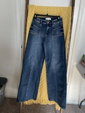 RISEN Wide-Leg Blue Denim Jeans Women  s Medium Wash 5-Pocket Button Zip
