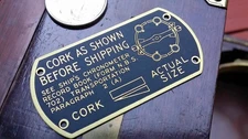 US Navy Marine Chronometer "Cork As Shown" Brass Plaque from WWII era NOS