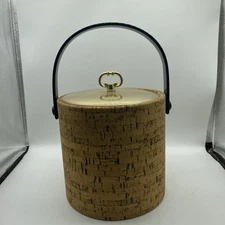 Vintage MCM Kraftware Cork Ice Bucket with Gold Lid 18