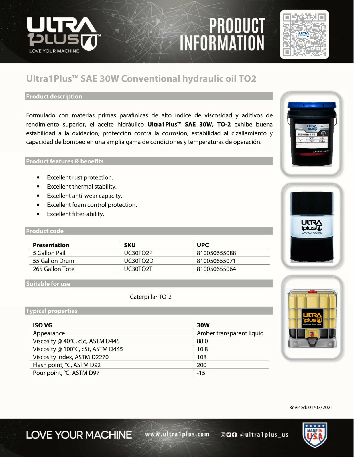 Ultra1Plus™ SAE 30W Hydraulic Oil, Caterpillar TO2 5 Gallon Pail