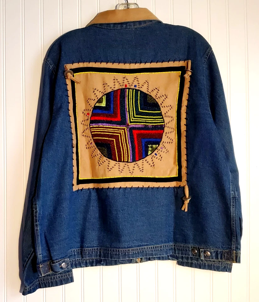 Не связывайтесь с Texas Jean куртка женщин Sz M синий джинсовой ткани бисером Western Aztec - Изображение 2 из 4