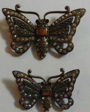 Sweet Romance USA Butterfly Brooches Brass Rhinestones Embellished 2 Pcs