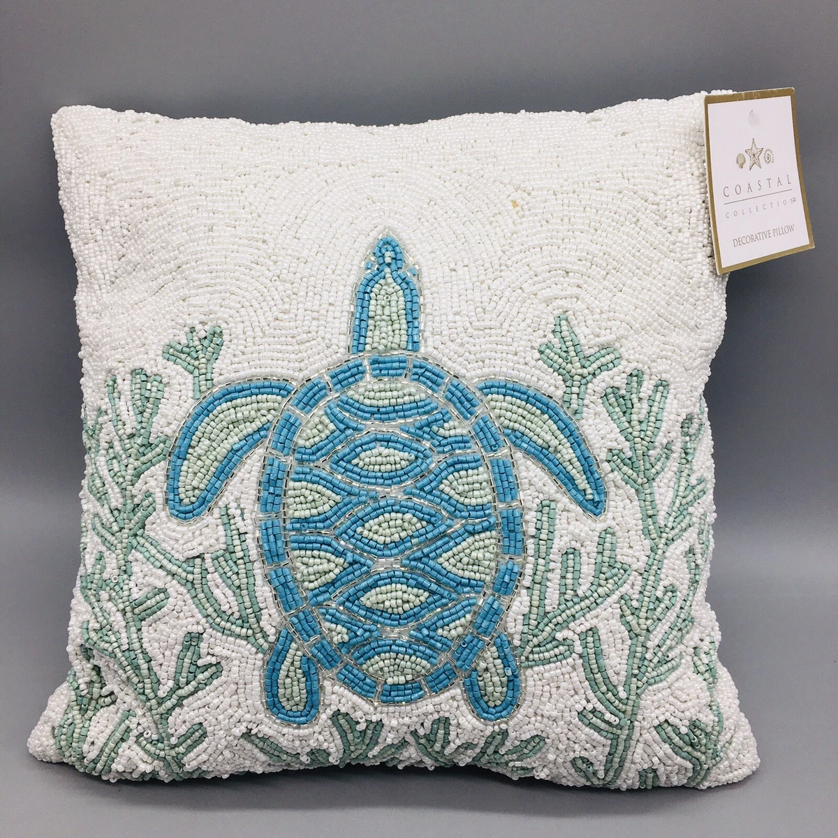 Coastal Collection Sea Turtle Beaded Decor Pillow Beach Ocean Teal Green  14 NEW