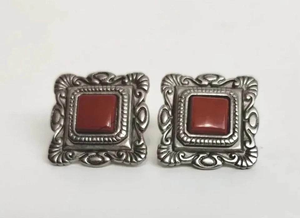 Vintage Robert Rose Silver Carnelian Pierced Earrings Native Southwestern Square - Image 2 of 4