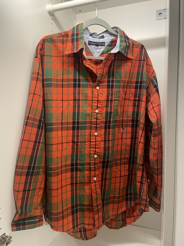 Vtg Y2K 2001 Tommy Hilfiger Button Shirt Crest Men's XL Orange Plaid Cotton FALL