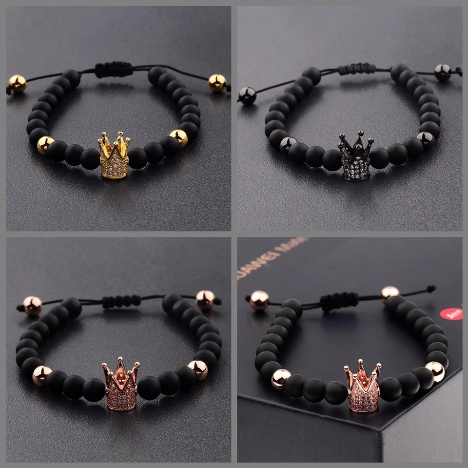 Natural Stone Zircon Crown Beaded Bracelets Adjustable Bangle for Men Women Gift - Image 2 of 4