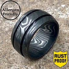 Customized 11mm Wide Double Inlay Basic Damascus Steel Ring Band Men's Handmade