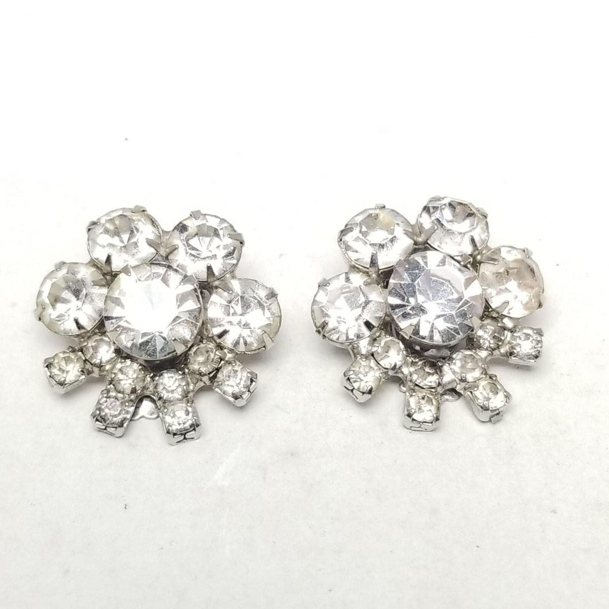 60 Magic Clip Rhinestone Cluster Earrings Silver EX main image 1