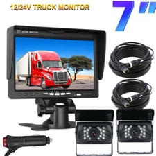 7" HD Screen Monitor Truck Trailer Bus RVs 4Pin 2x IR Reverse Backup CCD Camera