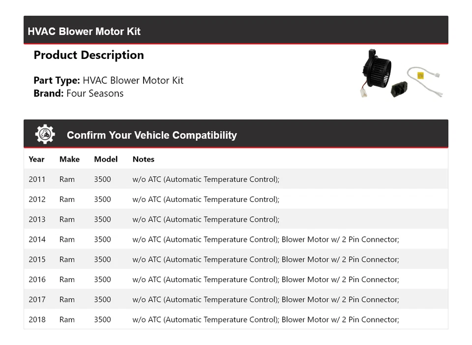 Kit de motor soplador de climatización Ram 3500 2011-2018 4 estaciones 2012 2013 2014 2015 2016 Foto 2 de 3