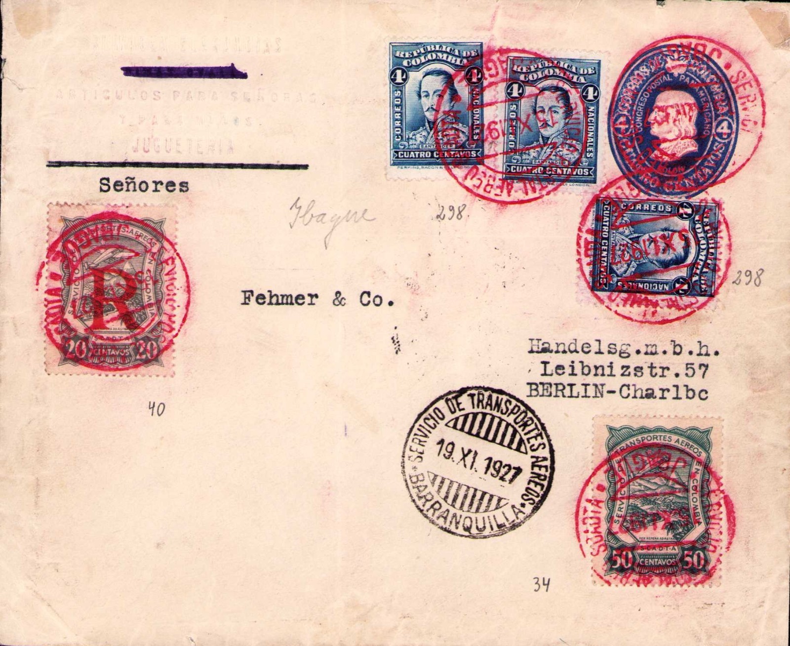 COLOMBIA - GERMANY - SCADTA - 4c STATIONARY COVER - IBAGUE to BERLIN - 1927 RR