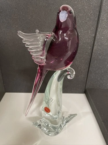VINTAGE COLOR Purple CLEAR ITALY MURANO GLASS10.5 Inch TALL PARROT COCKATOO BIRD