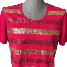 Quacker Factory Top Women's Size Small Red Sequins Striped Festive Short Sleeve