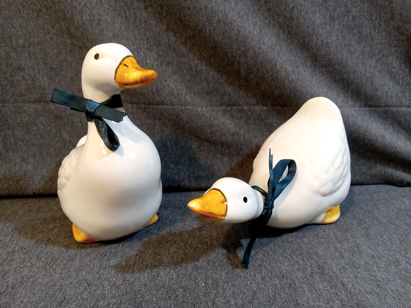 Ceramic Ducks White Yellow Blue Ribbon Standing 7.5