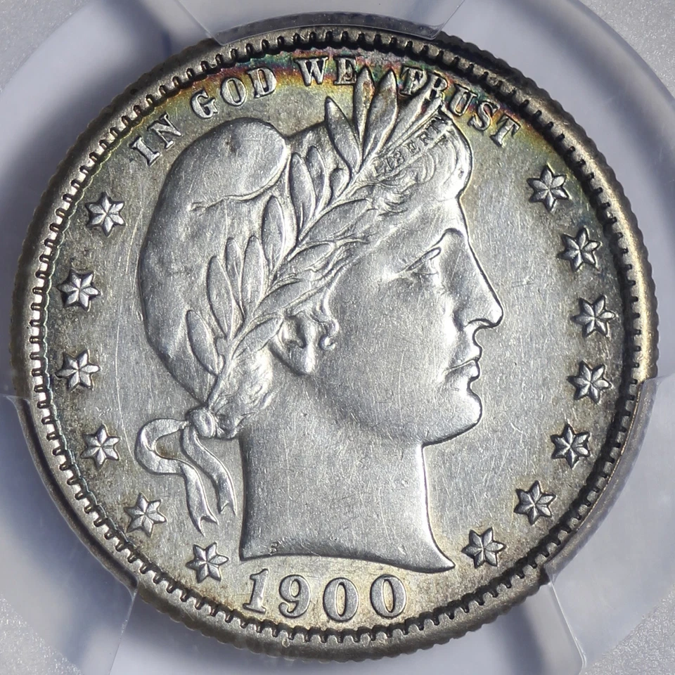 1900-S Barber Quarter PCGS AU50 Really Nice Coin W/ Colorful Rim Toning KONEX - Image 2 of 4