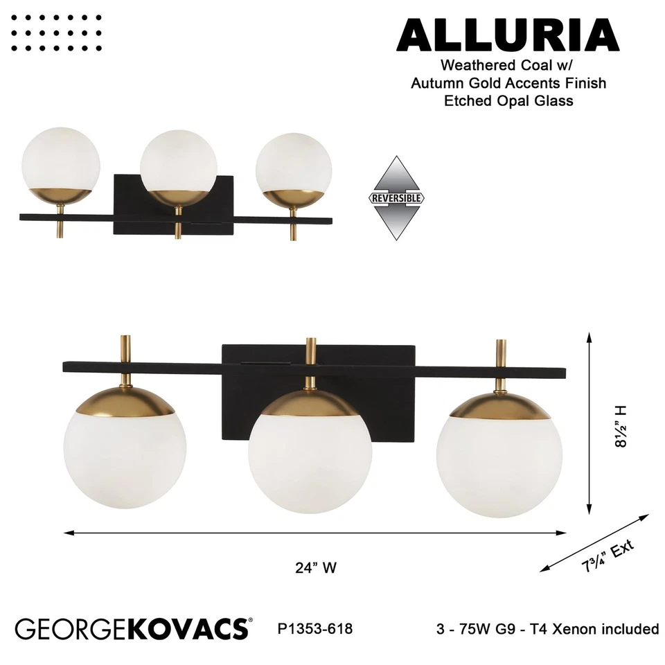 GEORGE KOVACS P1353-618 Alluria Vanity Bath Light, 3-Light, 225 Total Watts, ... - Image 4 of 4