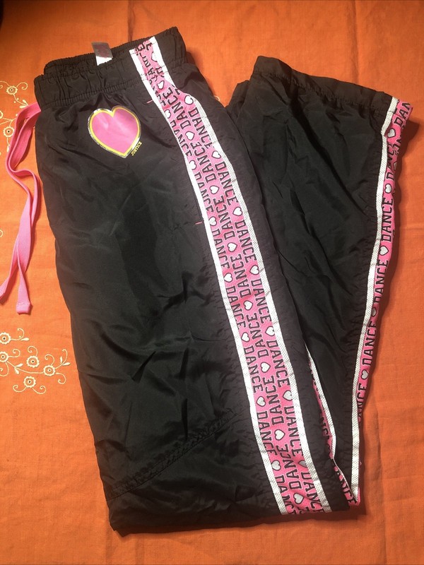 JUSTICE GIRLS ATHLETIC PANTS TRACK PANTS BLACK PINK TRIM Dance PRINT SIDES 14