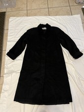 Leslie Fay Vintage Black Wool Coat Faux Fur Trim Broach Hidden Button-up Size 14