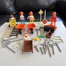 Vintage Playmobil Geobra 1974 Construction Lot Workers Tools Wheelbarrows