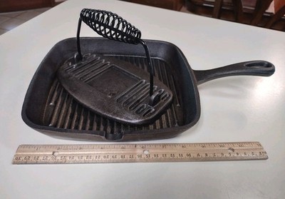 Cast Iron 8'' - 9'' Square Grill Pan Griddle with Panini Bacon Burger Press Black